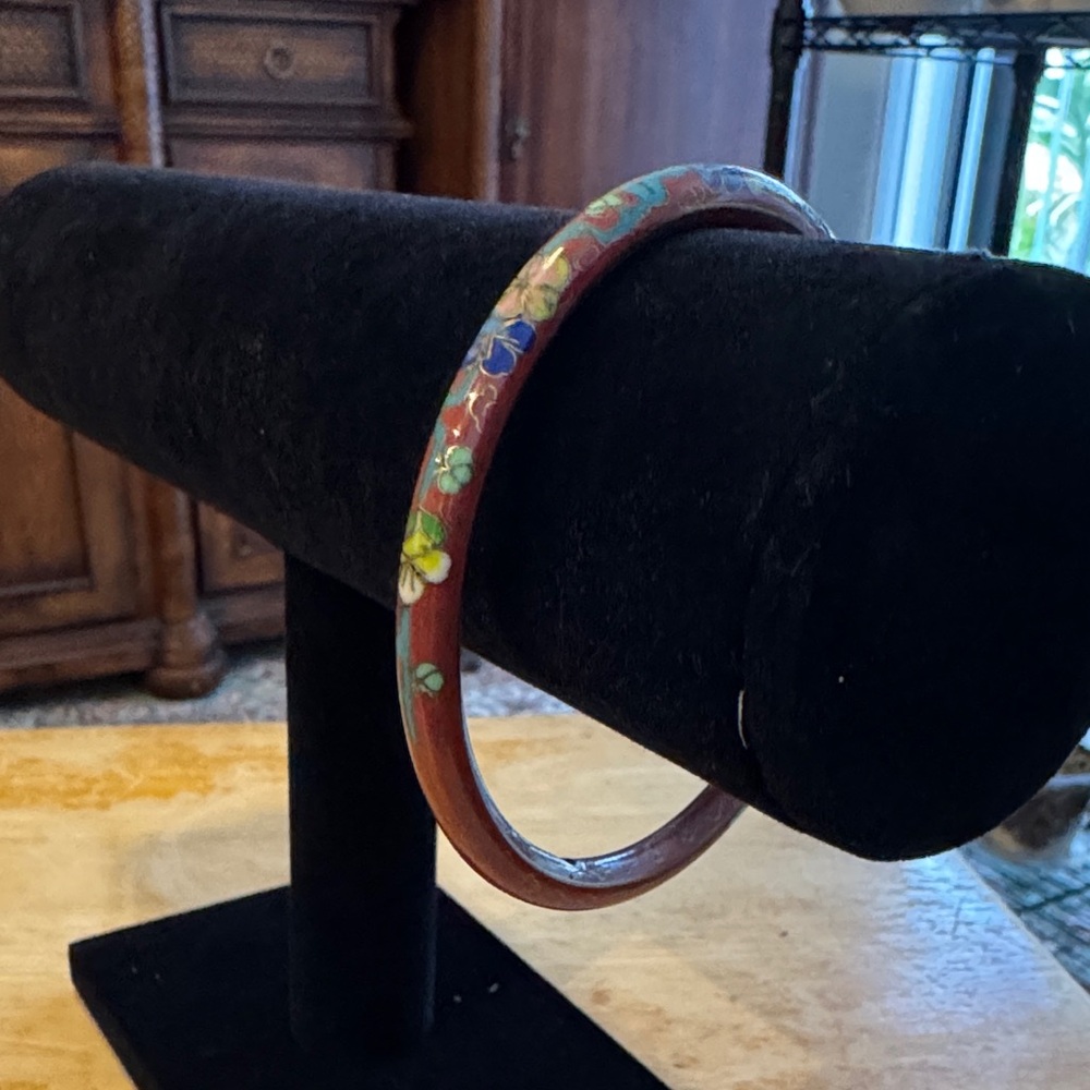 Vintage Hand-Painted Cloisonné  Brown Floral Bangle Bracelet